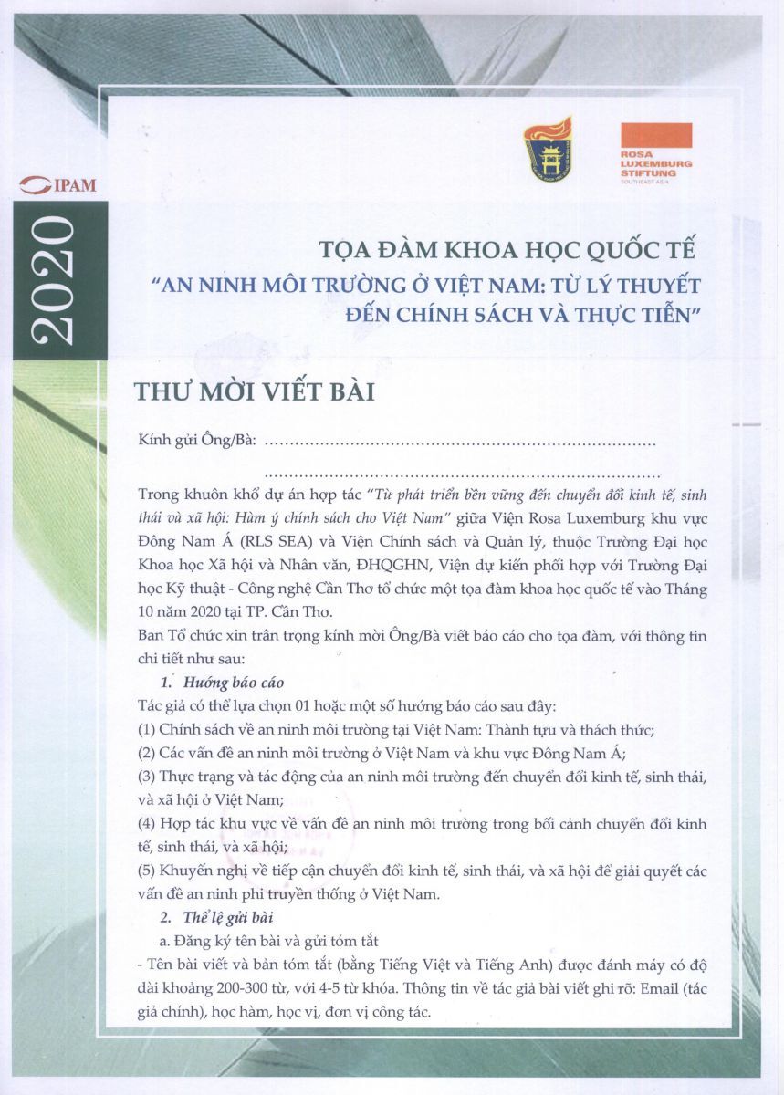 Thư mời viết bài hội thảo "An ninh môi trường ở Việt Nam: Từ lý thuyết đến chính sách và thực tiễn"